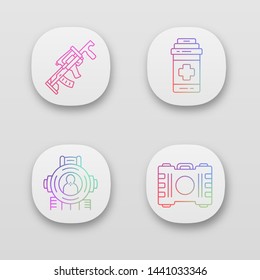 Online game inventory app icon set. Battle royale. Computer game equipment. Weapon, painkiller, shooting aim, container. UI/UX user interface. Web or mobile applications. Vector isolated illustrations