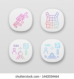 Online game inventory app icons set. Shooter from first person and 3d perspective. Computer game equipment. Body armor. UI/UX user interface. Web or mobile applications. Vector isolated illustrations