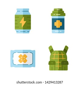 Online game inventory flat design long shadow color icons set. Esports, cybersports. Computer game equipment. Energy drink, medical bandage, painkiller, body armor. Vector silhouette illustrations
