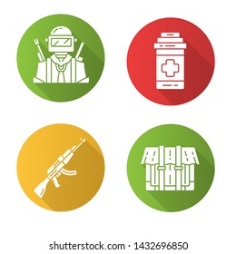 Online game inventory flat design long shadow glyph icons set. Player with gun, painkiller, weapon, riffle, package. Shooter game equipment, items. Battle royale. Vector silhouette illustration