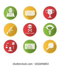 Online game inventory flat design long shadow glyph icons set. Player, first aid kit, trophy cup. Weapon, game over, parachute, cooking pan, shooter, mobile game. Vector silhouette illustration