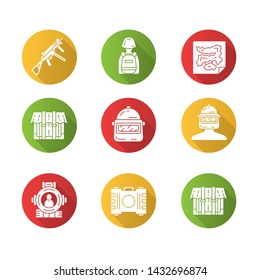 Online game inventory flat design long shadow glyph icons set. Weapon, tactical backpack, map, package. Protective helmet, shooting aim, container. Shooter game. Vector silhouette illustration