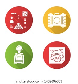 Online game inventory flat design long shadow glyph icons set. Shooter from first person, container, tactical backpack, world map. Online multiplayer battle royale. Vector silhouette illustration