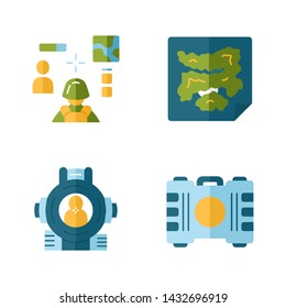 Online game inventory flat design long shadow color icons set. Esports, cybersports. Battle royale. Computer game equipment. Map, container, shooting aim, 3d shooter. Vector silhouette illustrations