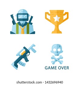 Online game inventory flat design long shadow color icons set. Esports, cybersports. Battle royale. Computer game equipment. Soldier, winning cup, weapon, game over. Vector silhouette illustrations