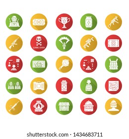 Online game inventory flat design long shadow glyph icons set. Shooter from first person. Online multiplayer. Esports, cybersports equipment. Computer, video game tool. Vector silhouette illustration
