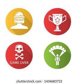 Online game inventory flat design long shadow glyph icons set. Virtual shooter equipment. Player, warrior in helmet, trophy cup, game over, parachute. Vector silhouette illustration