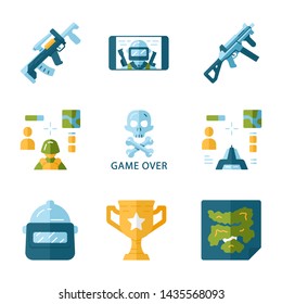Online game inventory flat design long shadow color icons set. Esports. Weapon, gun, 3d and from first person shooter, game over, map, trophy, helmet, mobile game. Vector silhouette illustrations