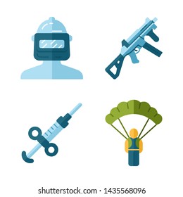 Online game inventory flat design long shadow color icons set. Esports, cybersports. Computer game equipment. Safety helmet, weapon, gun, parachute, adrenaline syringe. Vector silhouette illustrations