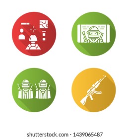 Online game inventory flat design long shadow glyph icons set. Battle royale equipment. 3d shotter, mobile game, esports team, weapon, warrior gun. Vector silhouette illustration
