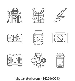 Online game inventory linear icons set. Soldier, body armor, weapon. First aid kit, drink, bandage, painkiller, shooting aim. Thin line contour symbols. Isolated outline illustrations. Editable stroke