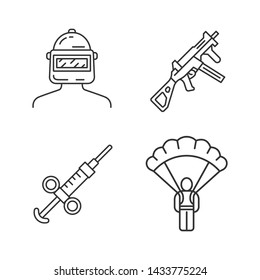 Online game inventory linear icons set. Esports. Safety helmet, weapon, gun, parachute, adrenaline syringe. Thin line contour symbols. Isolated vector outline illustrations. Editable stroke