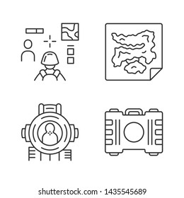Online game inventory linear icons set. Esports, cybersports equipment. Map, container, shooting aim, 3d shooter. Thin line contour symbols. Isolated vector outline illustrations. Editable stroke