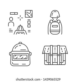 Online game inventory linear icons set. Safety helmet, package, container, shooter from first person, tactical backpack. Thin line contour symbols. Isolated outline illustrations. Editable stroke