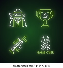 Online game inventory neon light icons set. Player, soldier, trophy cup, weapon, game over. Shooter game equipment, items. Battle royale. Glowing signs. Vector isolated illustrations