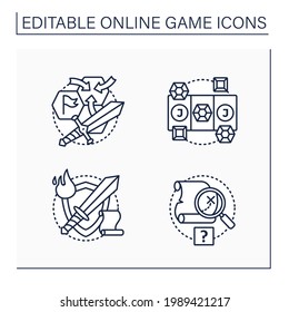 Iconos de línea de juego en línea. Diferentes tipos de juego. Búsqueda, juego de roles, tres en fila, juegos de estrategia. Concepto de tecnología moderna. Isolación de ilustraciones vectoriales.Accionamiento editable