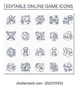 Online game line icons set. Different game types. Arcade, role play, simulation. Virtual reality. Modern technology concept. Isolated vector illustrations.Editable stroke