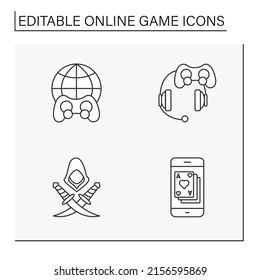 Online game line icons set. Different game types. Modern technology concepts. Isolated vector illustrations.Editable stroke