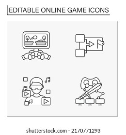 Iconos de línea de juego en línea. Diferentes tipos de juego. Conceptos tecnológicos modernos. Isolación de ilustraciones vectoriales.Accionamiento editable