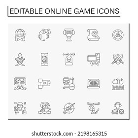 Online game line icons set. Different game types. Modern technology concepts. Isolated vector illustrations.Editable stroke