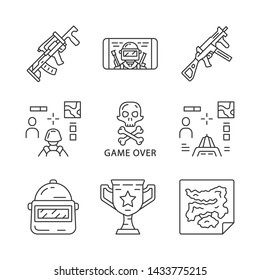 Online game linear icons set. Weapon, gun, 3d and from first person shooter, game over, map, trophy, helmet, mobile game. Thin line contour symbols. Isolated outline illustrations. Editable stroke