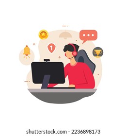 Online game streamer design concept. a boy play the computer game vector illustration