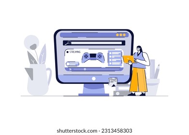 Online-Spiel-Streaming-Konzept mit Menschen-Szene im flachen Cartoon-Stil. Ein Mädchen sieht sich einen Strom eines Computerspielers an. Vektorgrafik.