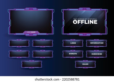 Online game streaming overlay vector for live gamers. Modern offline gaming frame design with colorful buttons. Purple and cyan color live stream screen overlay. Futuristic gaming screen panel vector.