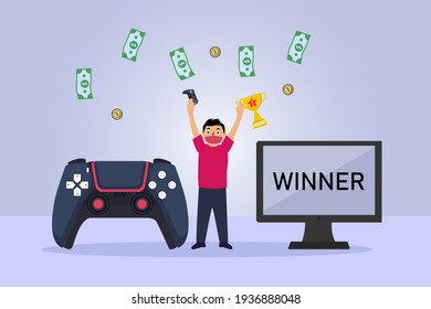 Online Game Vector Concept: Young Boy Winning Online Game And Getting Money While Wearing Face Mask In New Normal