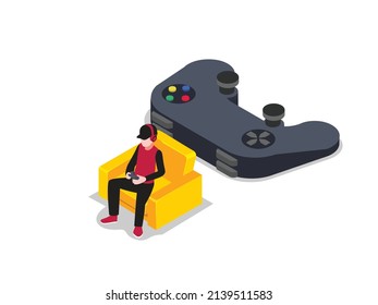 Concepto de vector de juego en línea. Joven con auriculares mientras juega con joystick en el estudio