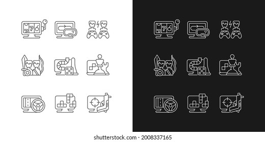 Online gameplay linear icons set for dark and light mode. Exciting time spending with friends. Customizable thin line symbols. Isolated vector outline illustrations. Editable stroke