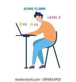 Online gamer man cartoon character sitting at table, flat vector illustration isolated on white background. Internet and computer addiction concept, bad habits.