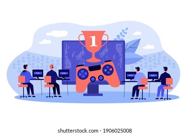 Online gamers playing at pc. People competing in esport tournament for winners cup. Vector illustration for cyber sport competition, virtual online game championship concept