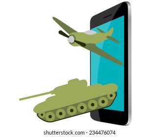 Online Games. Mobile phone with military aircraft and tanks. Vector illustration