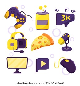 Online games signs set. Videogame, gamer with joystick, computer, console. Vector illustration for billboards, posters, banners.