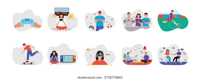 Online games, spending time for hobbies. Character design. Vector flat illustration