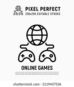 Online games thin line icon. Two gamepads are connected with globe. Pixel perfect, editable stroke. Vector illustration.