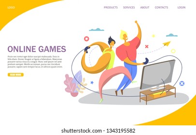 Online games vector website template, web page and landing page design for website and mobile site development. Cool gamers playing video game using game console and controllers.