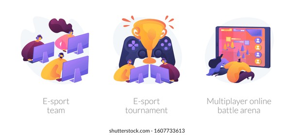 Online games, virtual reality, internet content. Players with joysticks. E-sport-team, e-sport-tournament, multiplayer online battle arena metaphors. Vector isolated concept metaphor illustrations.