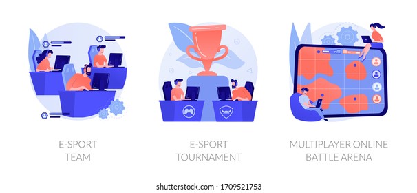 Online games, virtual reality, internet content. Players with joysticks. E-sport-team, e-sport-tournament, multiplayer online battle arena metaphors. Vector isolated concept metaphor illustrations.