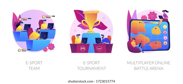 Online games, virtual reality, internet content. Players with joysticks. E-sport-team, e-sport-tournament, multiplayer online battle arena metaphors. Vector isolated concept metaphor illustrations.