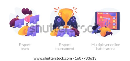 Vector Online games, virtual reality, internet content. Players with joysticks. E-sport-team, e-sport-tournament, multiplayer online battle arena metaphors. Vector isolated concept metaphor illustrations.