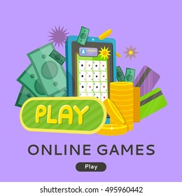 Online games web banner isolated on purple with play button. Money, coins, credit cards, gambling devices and stars. Casino jackpot, luck game, chance and gamble, lucky fortune. Vector illustration