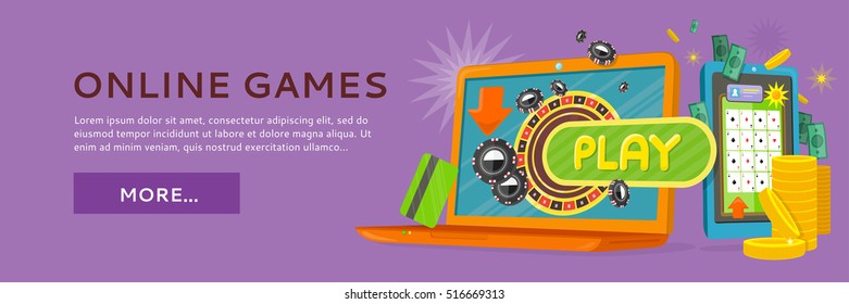 Online games web banner isolated on purple with play button. Money, coins, credit cards, gambling devices and stars. Casino jackpot, luck game, chance and gamble, lucky fortune. Vector illustration