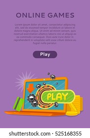 Online games web banner isolated on purple with play button. Money, coins, credit cards, gambling devices and stars. Casino jackpot, luck game, chance and gamble, lucky fortune. Vector illustration