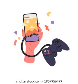 Online gaming application flat cartoon illustration. Smartphone entertainment banner design. Mobile media interface background. Hand holding phone with controller.