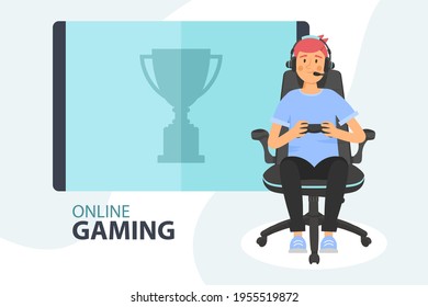 Online Gaming. Cyber Sport Banner. Gamer Sitting In Chair And Playing Video Game With Headset And Gamepad. Vector Cartoon Illustration.