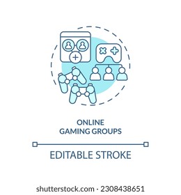 Online gaming groups turquoise concept icon. Cyber sport. Play together. Video game. Social engagement. People community abstract idea thin line illustration. Isolated outline drawing. Editable stroke