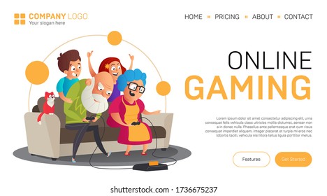 Online gaming landing page or banner template. Vector illustration in flat style with funny grandparents play video games with their grandchildren while sitting on the sofa isolated on white