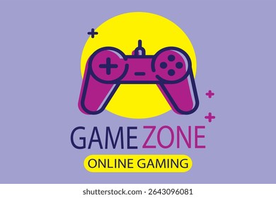 Online gaming logo with purple controller over yellow circle, "Game Zone" text in blue and purple, and "Online Gaming" on yellow label. Set on a light blue background. Perfect for gaming brands.